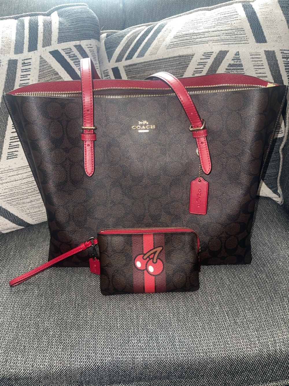 Coach Brown Signature Tote with Red Trim and Cherry Wristlet